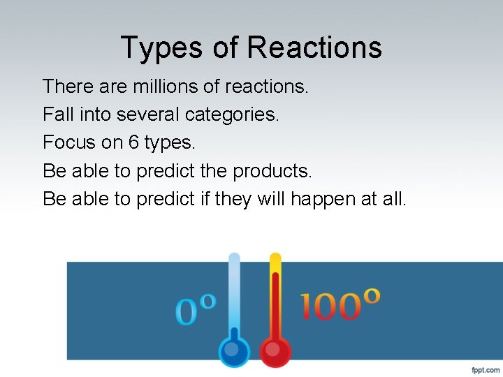 Types of Reactions There are millions of reactions. Fall into several categories. Focus on