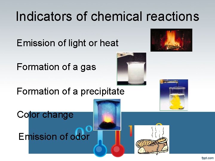 Indicators of chemical reactions Emission of light or heat Formation of a gas Formation