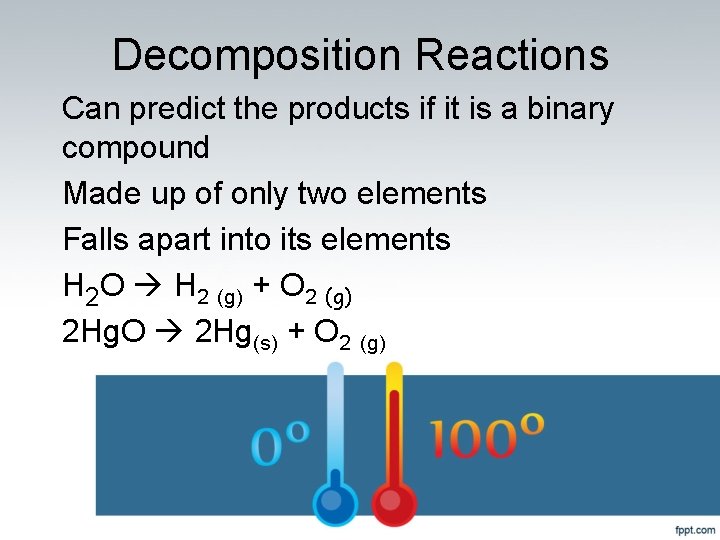 Decomposition Reactions Can predict the products if it is a binary compound Made up