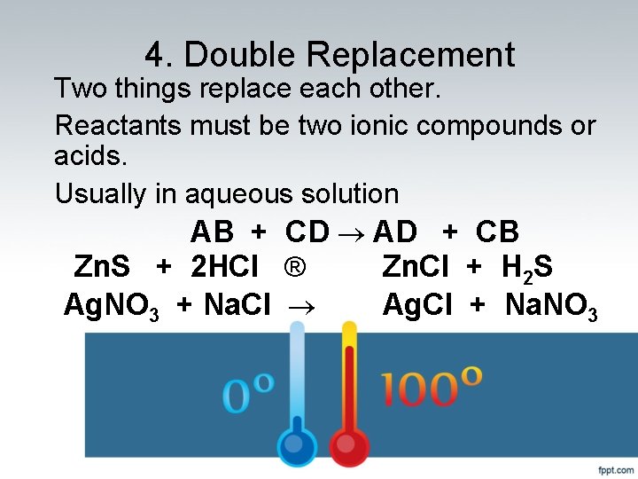 4. Double Replacement Two things replace each other. Reactants must be two ionic compounds