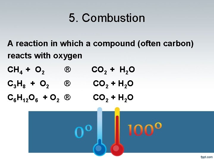 5. Combustion A reaction in which a compound (often carbon) reacts with oxygen CH