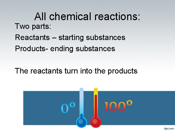 All chemical reactions: Two parts: Reactants – starting substances Products- ending substances The reactants