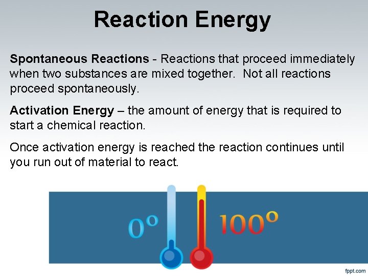 Reaction Energy Spontaneous Reactions - Reactions that proceed immediately when two substances are mixed