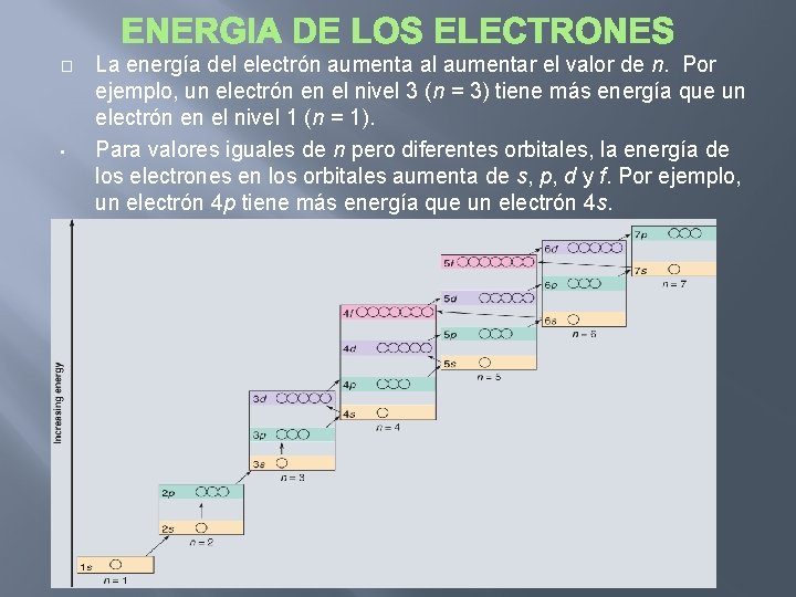 � • La energía del electrón aumenta al aumentar el valor de n. Por