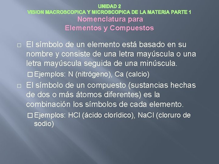 UNIDAD 2 VISION MACROSCOPICA Y MICROSCOPICA DE LA MATERIA PARTE 1 Nomenclatura para Elementos