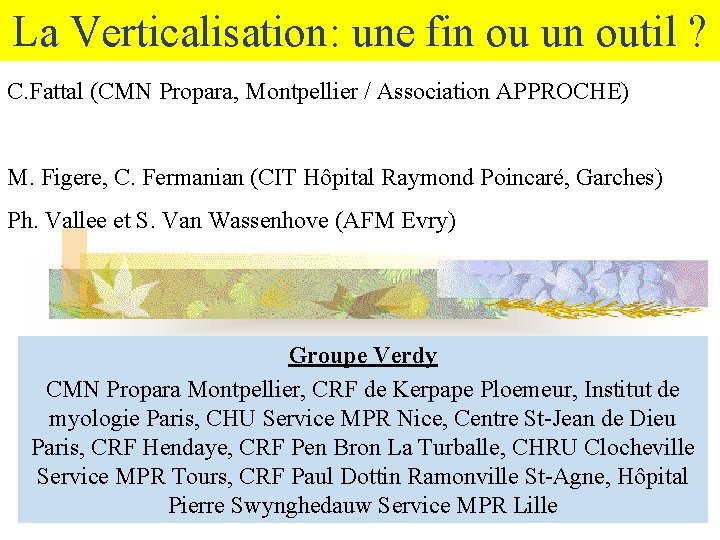 La Verticalisation: une fin ou un outil ? C. Fattal (CMN Propara, Montpellier /