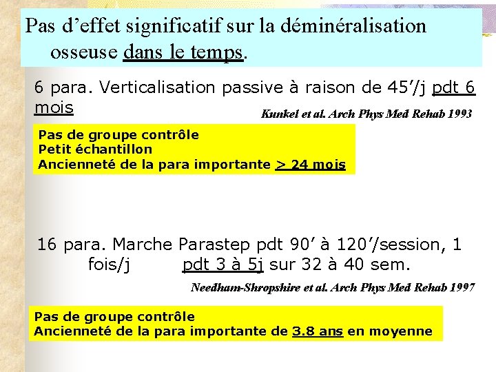 Pas d’effet significatif sur la déminéralisation osseuse dans le temps. 6 para. Verticalisation passive