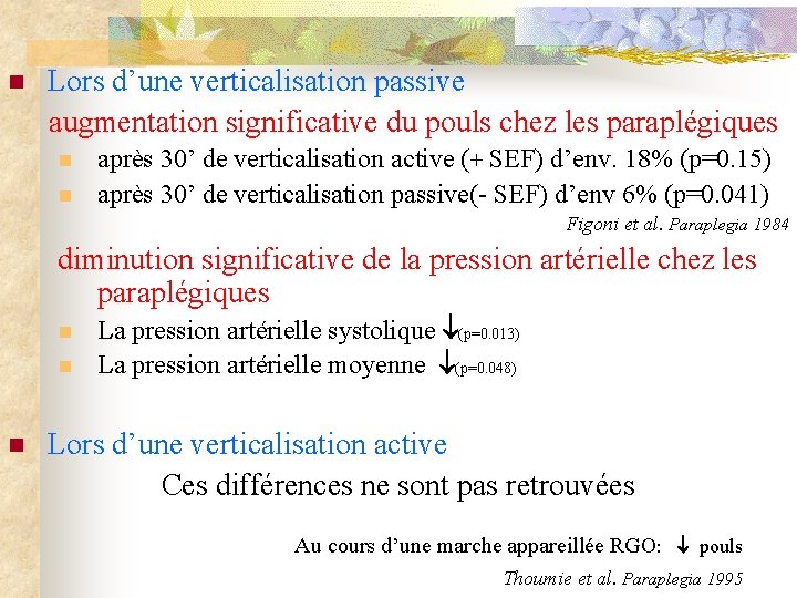Lors d’une verticalisation passive augmentation significative du pouls chez les paraplégiques n n n