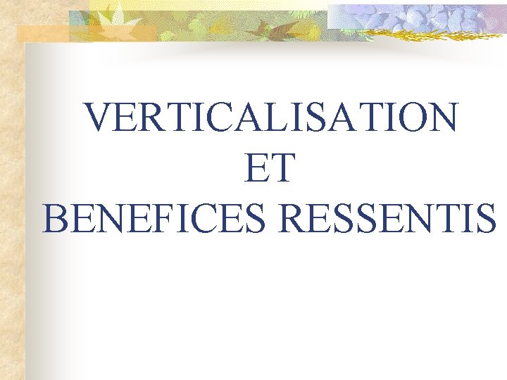 VERTICALISATION ET BENEFICES RESSENTIS 