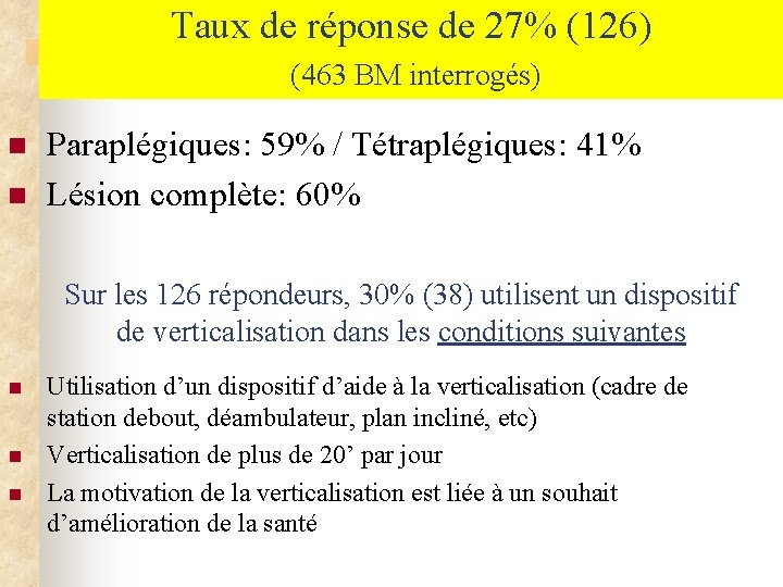 Taux de réponse de 27% (126) (463 BM interrogés) n n Paraplégiques: 59% /