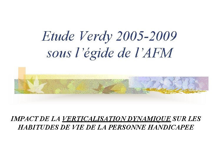 Etude Verdy 2005 -2009 sous l’égide de l’AFM IMPACT DE LA VERTICALISATION DYNAMIQUE SUR