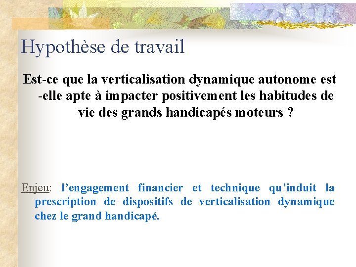 Hypothèse de travail Est-ce que la verticalisation dynamique autonome est -elle apte à impacter