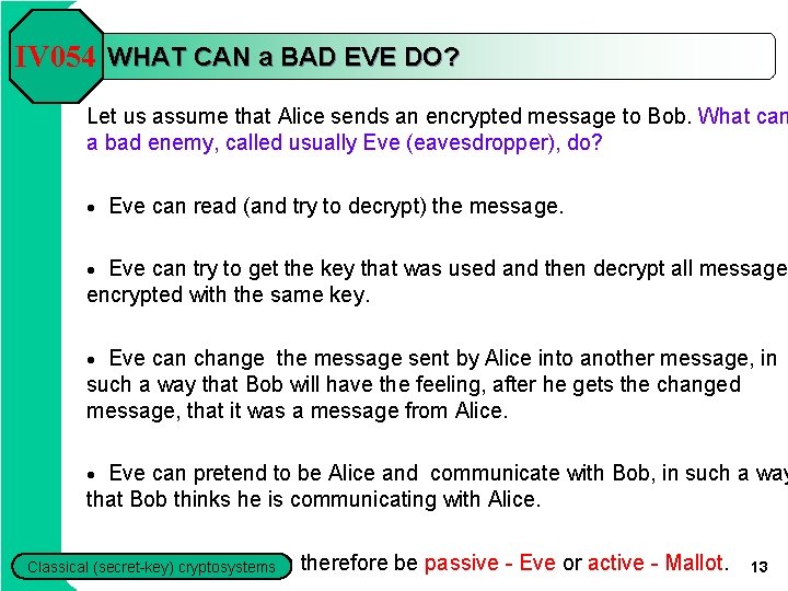 IV 054 WHAT CAN a BAD EVE DO? Let us assume that Alice sends IV 054 WHAT CAN a BAD EVE DO? Let us assume that Alice sends