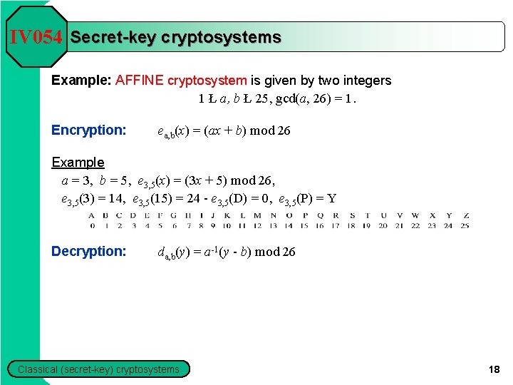 IV 054 Secret-key cryptosystems Example: AFFINE cryptosystem is given by two integers 1 Ł IV 054 Secret-key cryptosystems Example: AFFINE cryptosystem is given by two integers 1 Ł