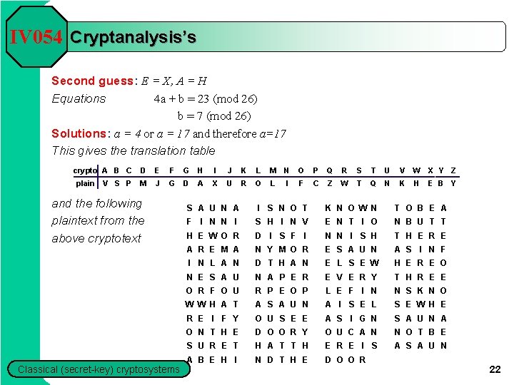 IV 054 Cryptanalysis’s Second guess: E = X, A = H Equations 4 a IV 054 Cryptanalysis’s Second guess: E = X, A = H Equations 4 a