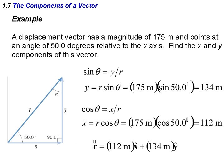 1. 7 The Components of a Vector Example A displacement vector has a magnitude