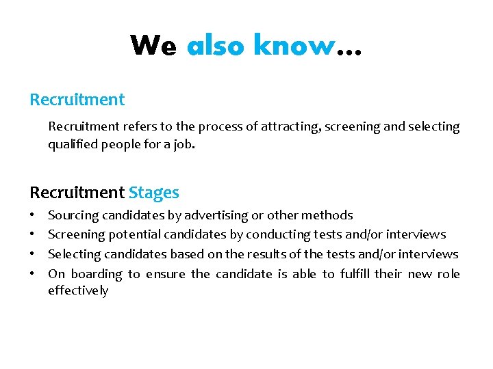 We also know… Recruitment refers to the process of attracting, screening and selecting qualified We also know… Recruitment refers to the process of attracting, screening and selecting qualified