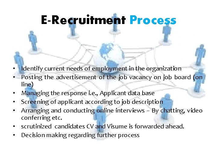 E-Recruitment Process • Identify current needs of employment in the organization • Posting the E-Recruitment Process • Identify current needs of employment in the organization • Posting the