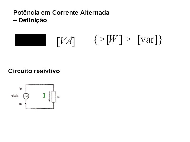 Potência em Corrente Alternada – Definição [VA] Circuito resistivo I {>[W ] > [var]}