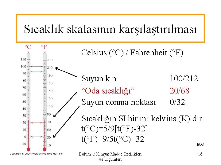 Sıcaklık skalasının karşılaştırılması Celsius (°C) / Fahrenheit (°F) Suyun k. n. “Oda sıcaklığı” Suyun