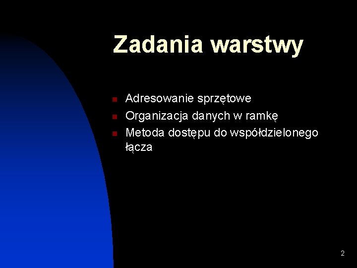 Zadania warstwy n n n Adresowanie sprzętowe Organizacja danych w ramkę Metoda dostępu do Zadania warstwy n n n Adresowanie sprzętowe Organizacja danych w ramkę Metoda dostępu do