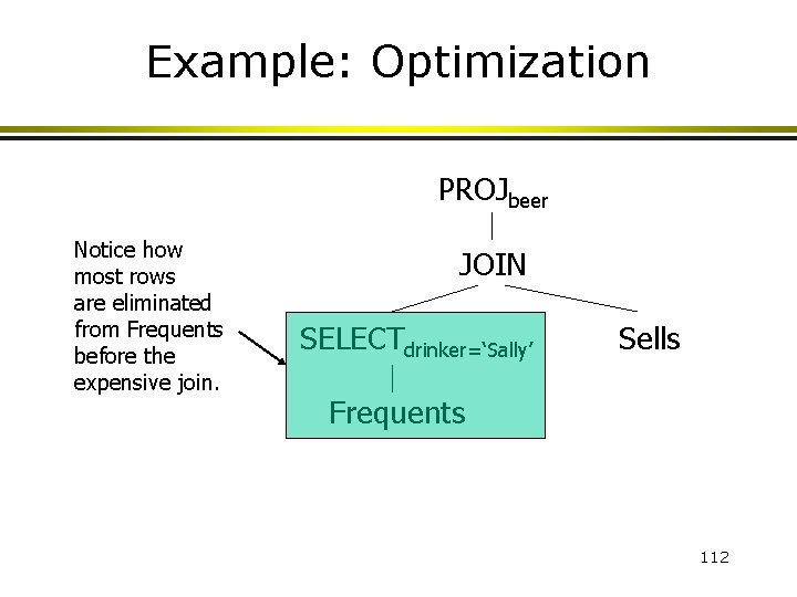 Example: Optimization PROJbeer Notice how most rows are eliminated from Frequents before the expensive