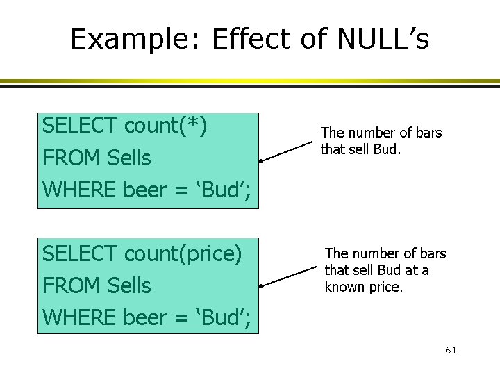 Example: Effect of NULL’s SELECT count(*) FROM Sells WHERE beer = ‘Bud’; SELECT count(price)