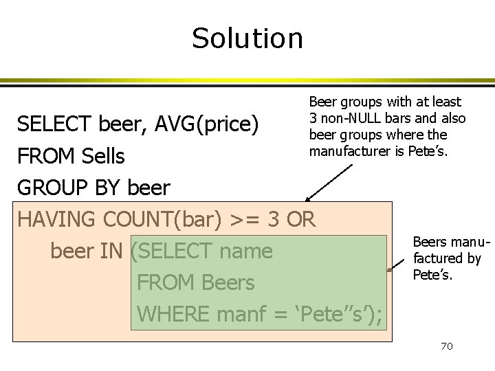 Solution Beer groups with at least 3 non-NULL bars and also beer groups where