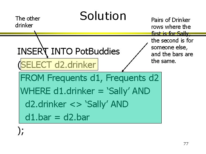 The other drinker Solution Pairs of Drinker rows where the first is for Sally,