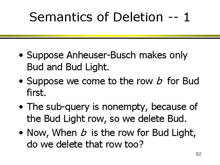 Semantics of Deletion -- 1 • Suppose Anheuser-Busch makes only Bud and Bud Light.