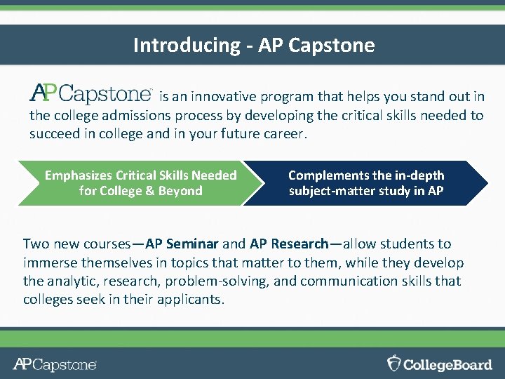 Introducing - AP Capstone is an innovative program that helps you stand out in