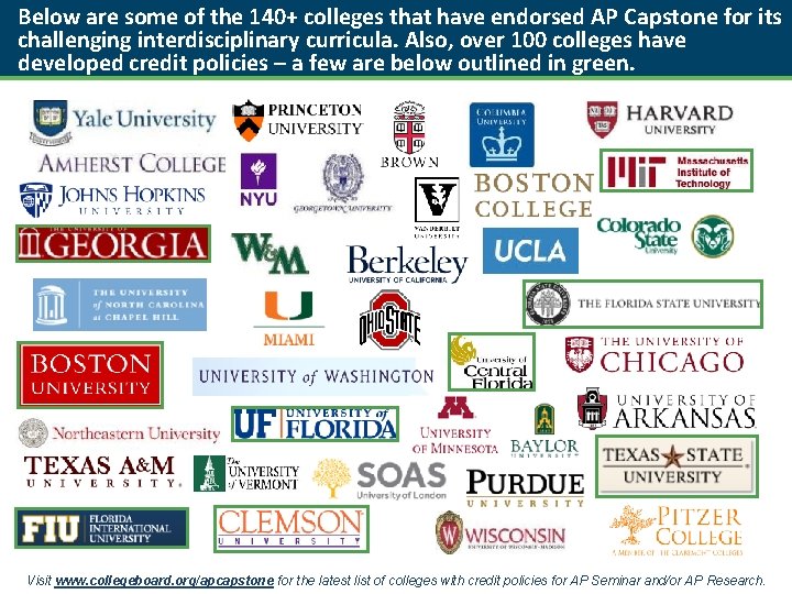 Below are some of the 140+ colleges that have endorsed AP Capstone for its