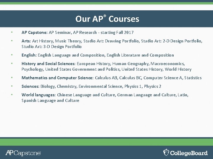 Our AP® Courses • AP Capstone: AP Seminar, AP Research - starting Fall 2017