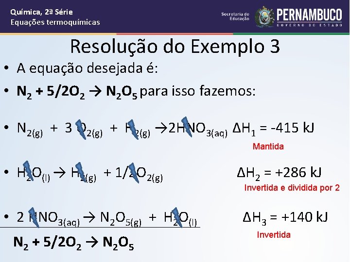 Química, 2ª Série Equações termoquímicas Resolução do Exemplo 3 • A equação desejada é: