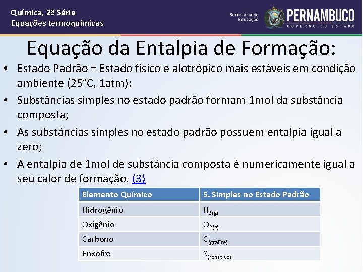 Química, 2ª Série Equações termoquímicas Equação da Entalpia de Formação: • Estado Padrão =