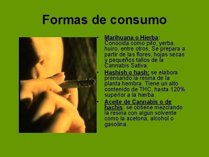 Formas de consumo • Marihuana o Hierba: Conocida como pito, yerba, huiro, entre otros. Formas de consumo • Marihuana o Hierba: Conocida como pito, yerba, huiro, entre otros.