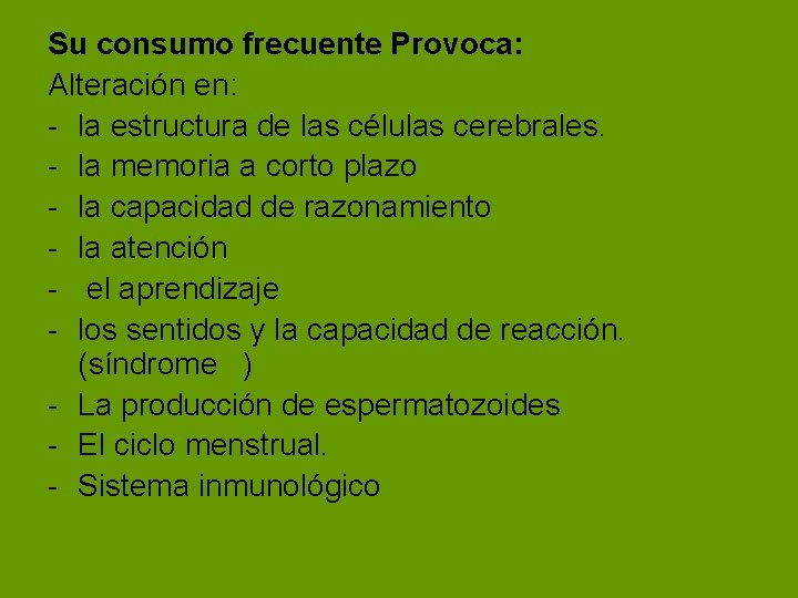 Su consumo frecuente Provoca: Alteración en: - la estructura de las células cerebrales. - Su consumo frecuente Provoca: Alteración en: - la estructura de las células cerebrales. -