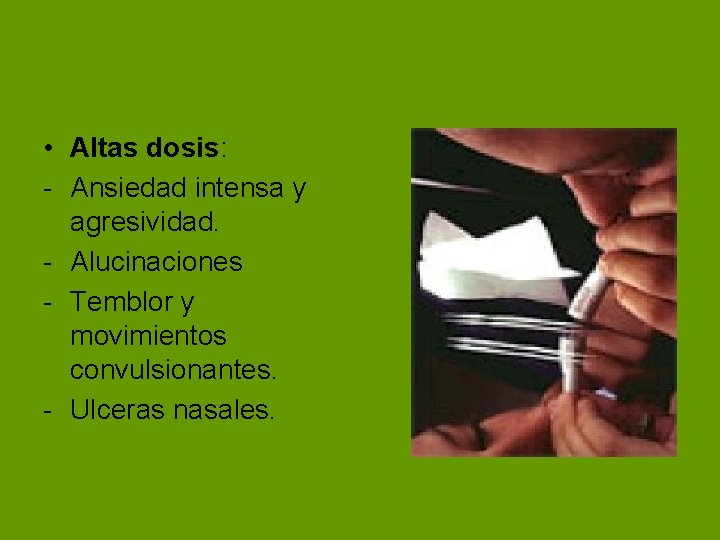 • Altas dosis: - Ansiedad intensa y agresividad. - Alucinaciones - Temblor y • Altas dosis: - Ansiedad intensa y agresividad. - Alucinaciones - Temblor y