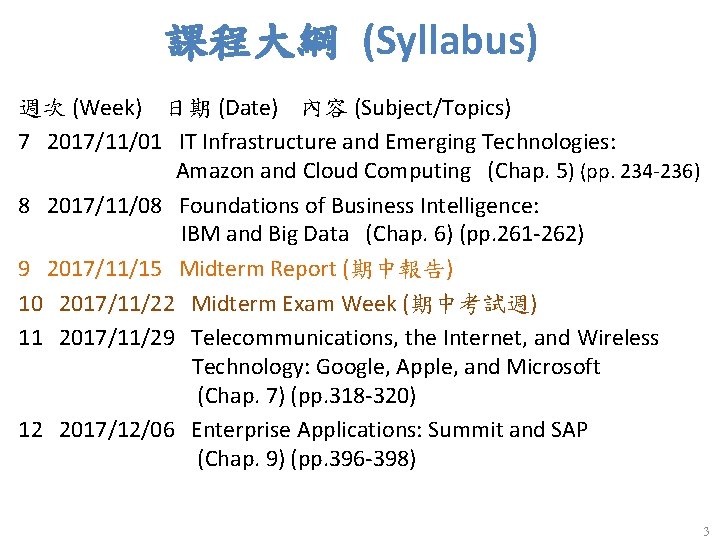 課程大綱 (Syllabus) 週次 (Week) 日期 (Date) 內容 (Subject/Topics) 7 2017/11/01 IT Infrastructure and Emerging