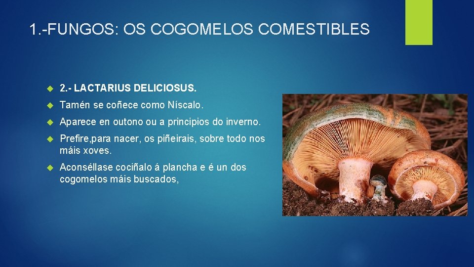 1. -FUNGOS: OS COGOMELOS COMESTIBLES 2. - LACTARIUS DELICIOSUS. Tamén se coñece como Níscalo.