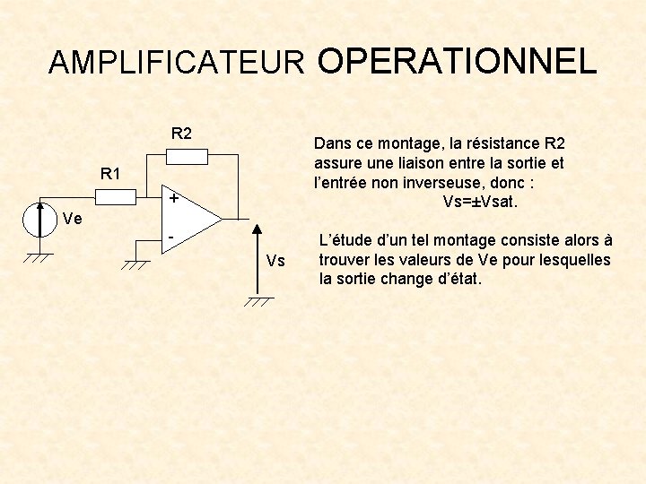 AMPLIFICATEUR OPERATIONNEL R 2 Dans ce montage, la résistance R 2 assure une liaison