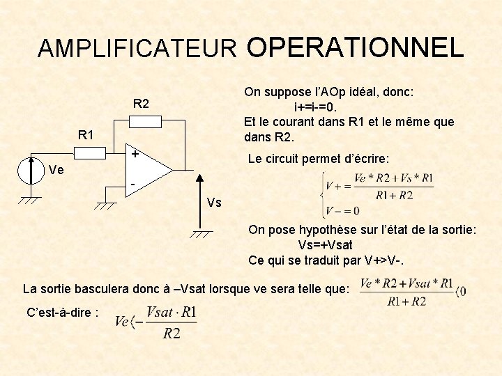 AMPLIFICATEUR OPERATIONNEL On suppose l’AOp idéal, donc: i+=i-=0. Et le courant dans R 1