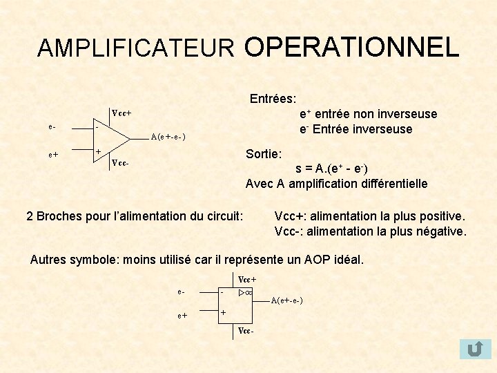 AMPLIFICATEUR OPERATIONNEL Entrées: e+ entrée non inverseuse e- Entrée inverseuse V cc+ e- A(e