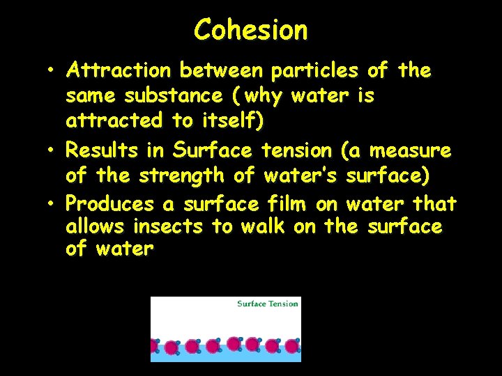 Cohesion • Attraction between particles of the same substance ( why water is attracted