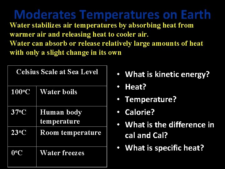 Moderates Temperatures on Earth Water stabilizes air temperatures by absorbing heat from warmer air