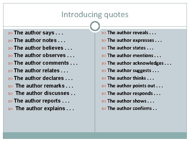 Introducing quotes The author says. . . The author reveals. . . The author