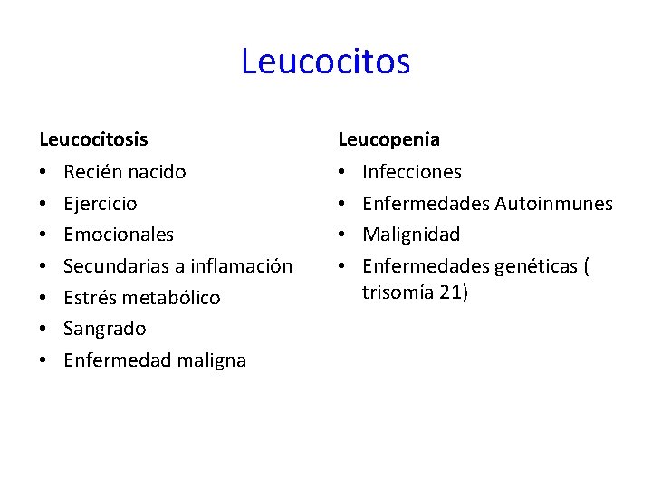 Leucocitosis • • Recién nacido Ejercicio Emocionales Secundarias a inflamación Estrés metabólico Sangrado Enfermedad