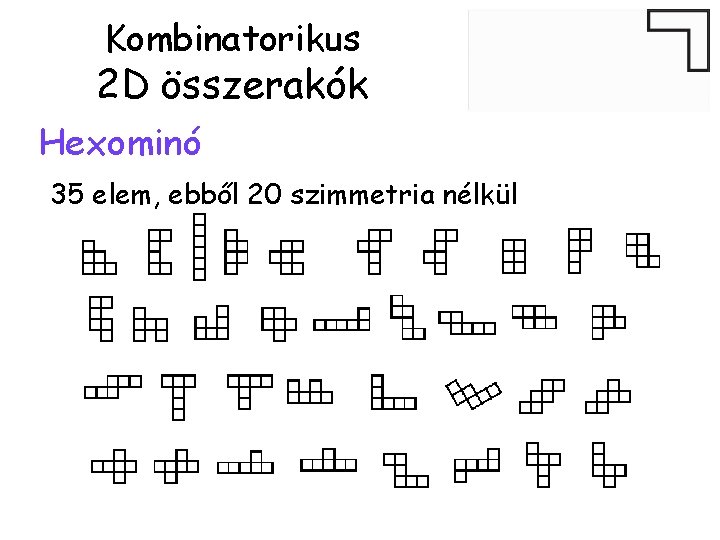 Kombinatorikus 2 D összerakók Hexominó 35 elem, ebből 20 szimmetria nélkül 