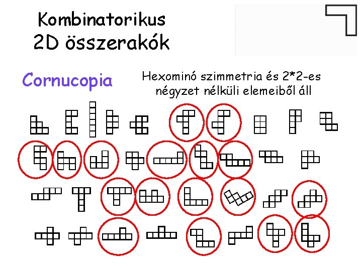 Kombinatorikus 2 D összerakók Cornucopia Hexominó szimmetria és 2*2 -es négyzet nélküli elemeiből áll