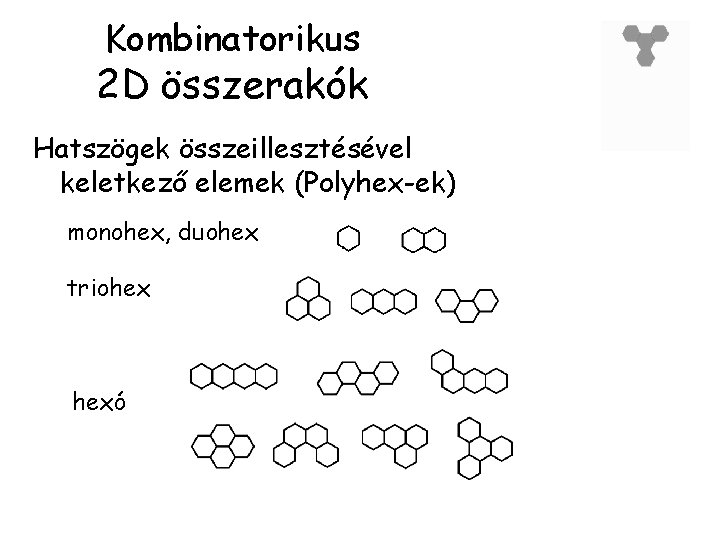 Kombinatorikus 2 D összerakók Hatszögek összeillesztésével keletkező elemek (Polyhex-ek) monohex, duohex triohex hexó 